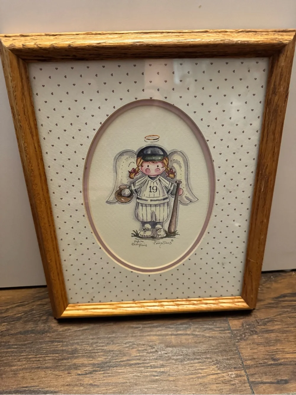 Framed Baseball Angel Girl Print in Oak Frame - Pink & Cream Mat